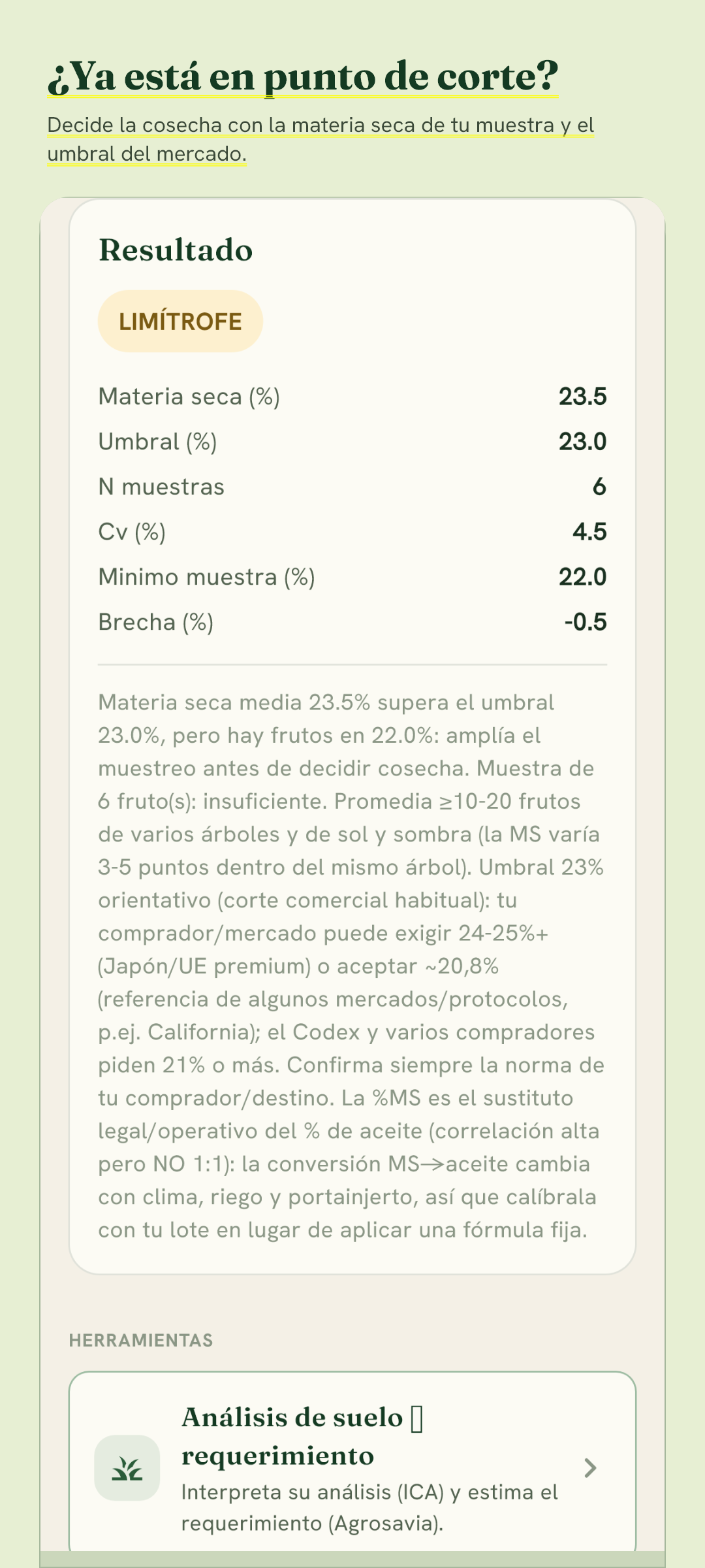 Calculadora de materia seca para cosecha de exportación